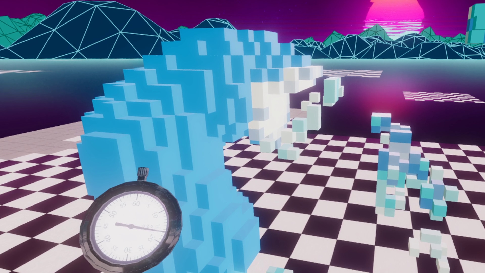 A stopwatch is held by the player in first person perspective