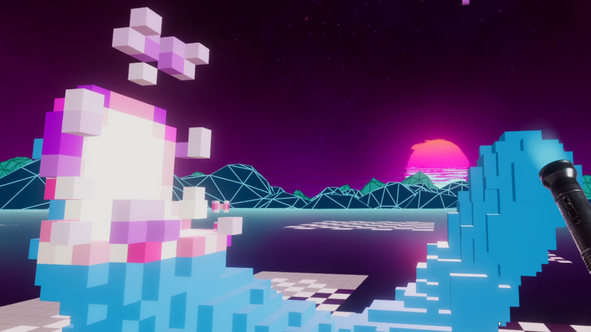 A flashlight is held by the player and used to create new cells in space