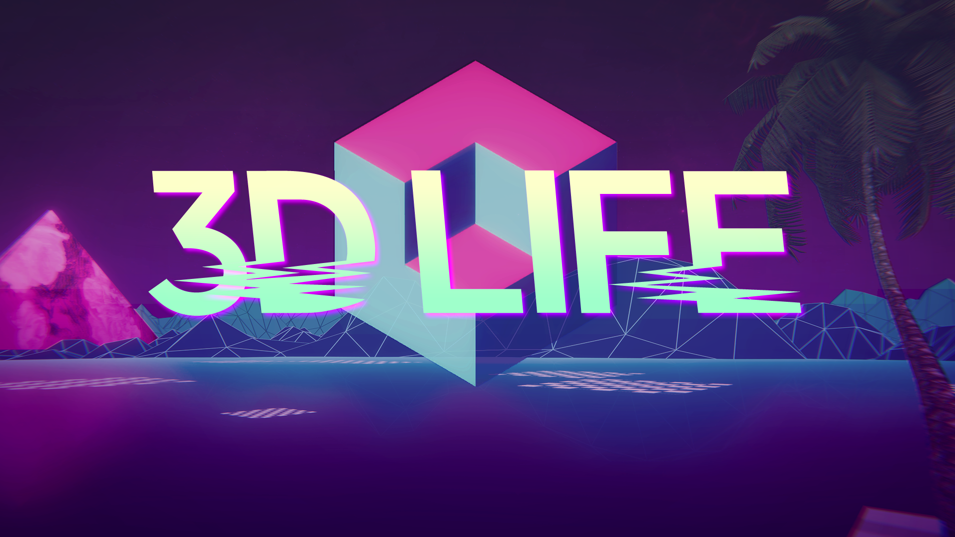 The hexagonal 3D Life logo set against a vaporwave background of a polygonal landscape and pyramid