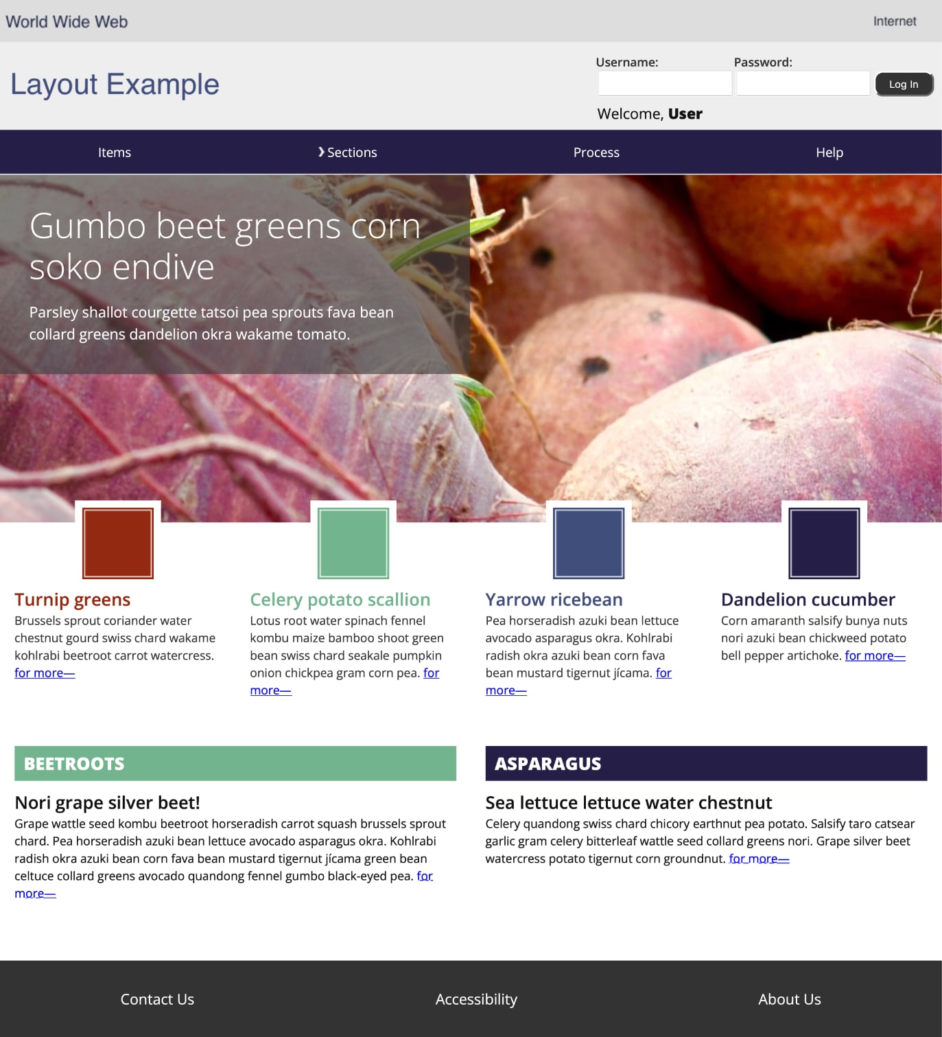 Screenshot of a Layout Example site with vegetable-themed sample content.