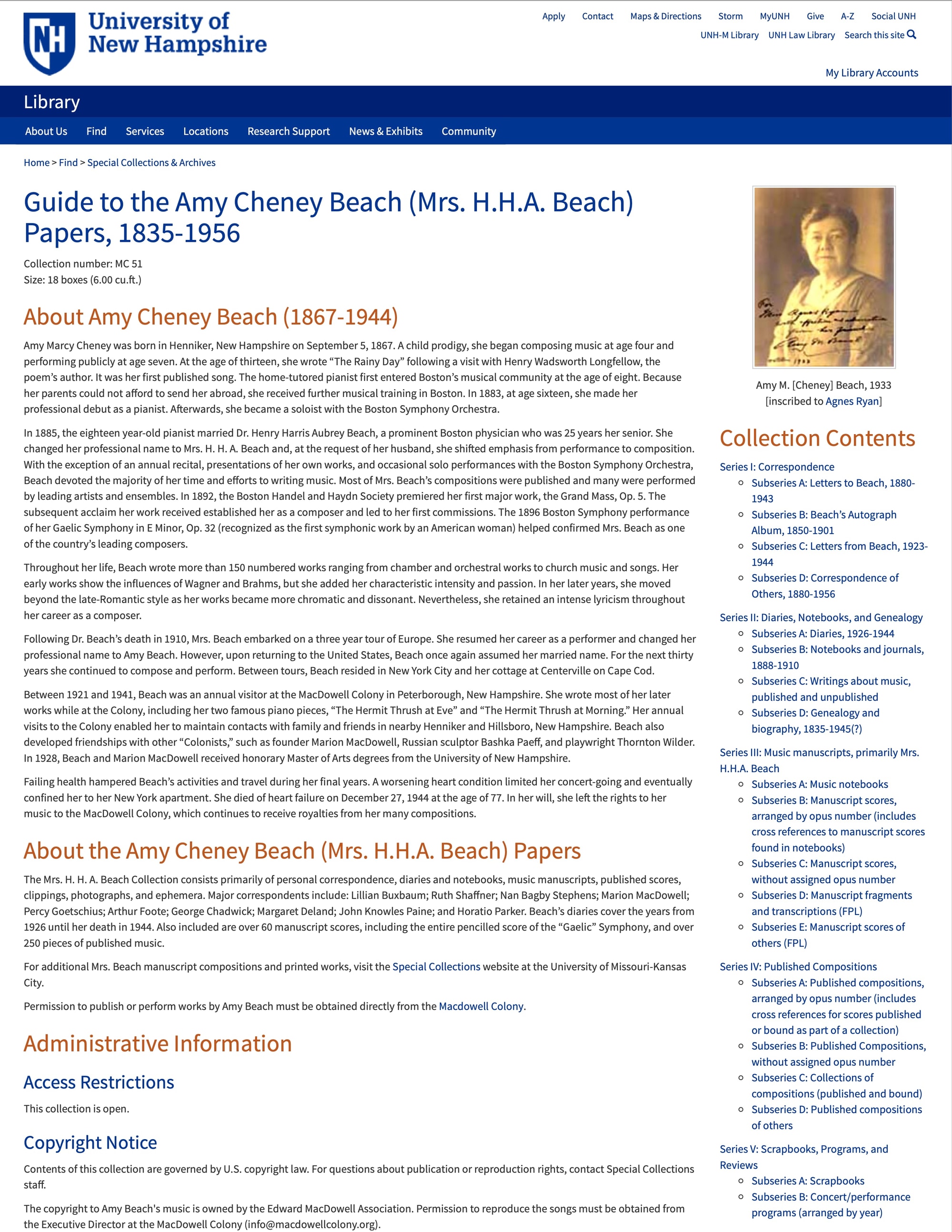 Screenshot of The Guide to Amy Cheney Beach Papers, 1835-1956, containing a photo of Beach and collection contents