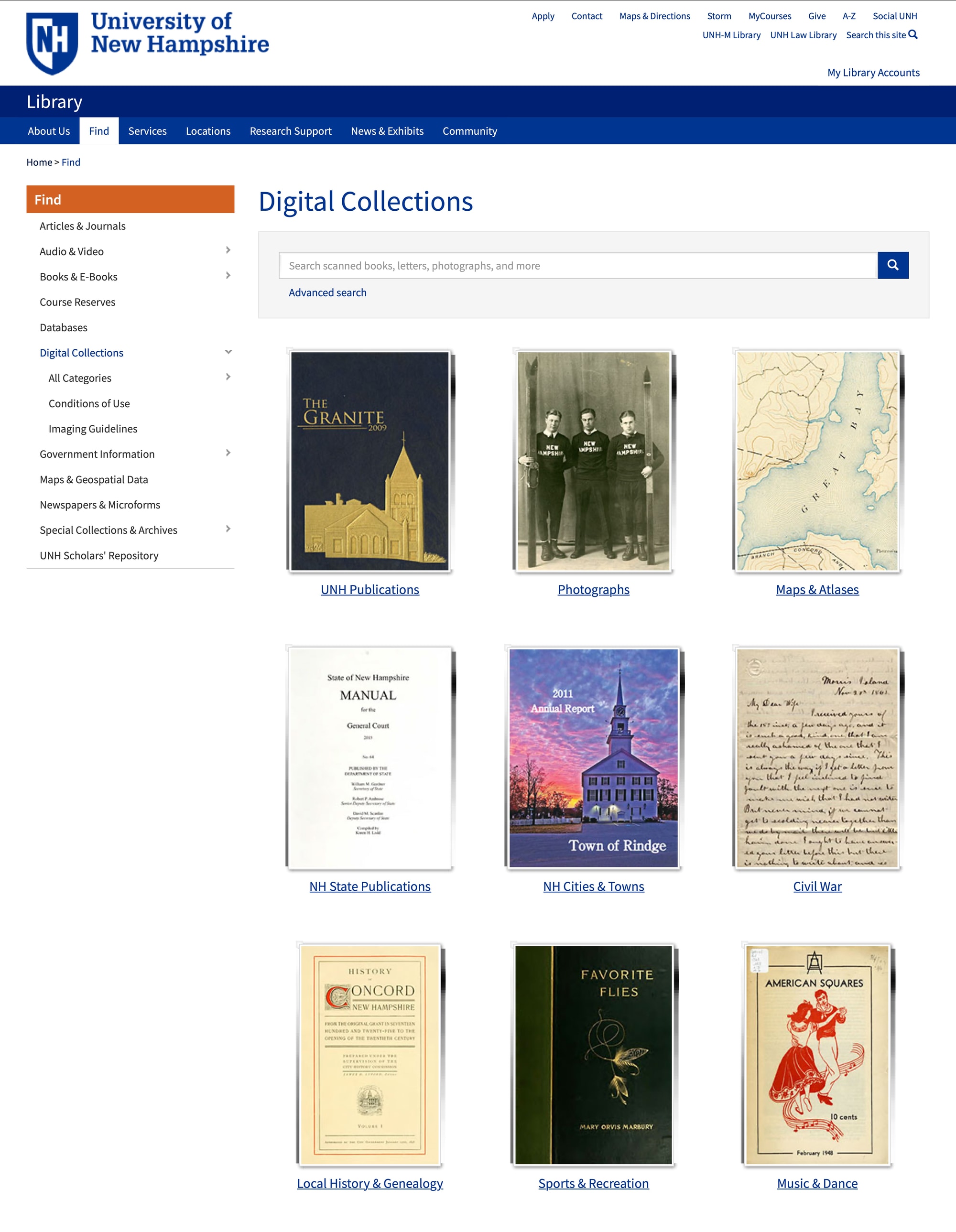 Screenshot of the Digltal Collections page. Each collection has a book cover, vintage photograph, or example map