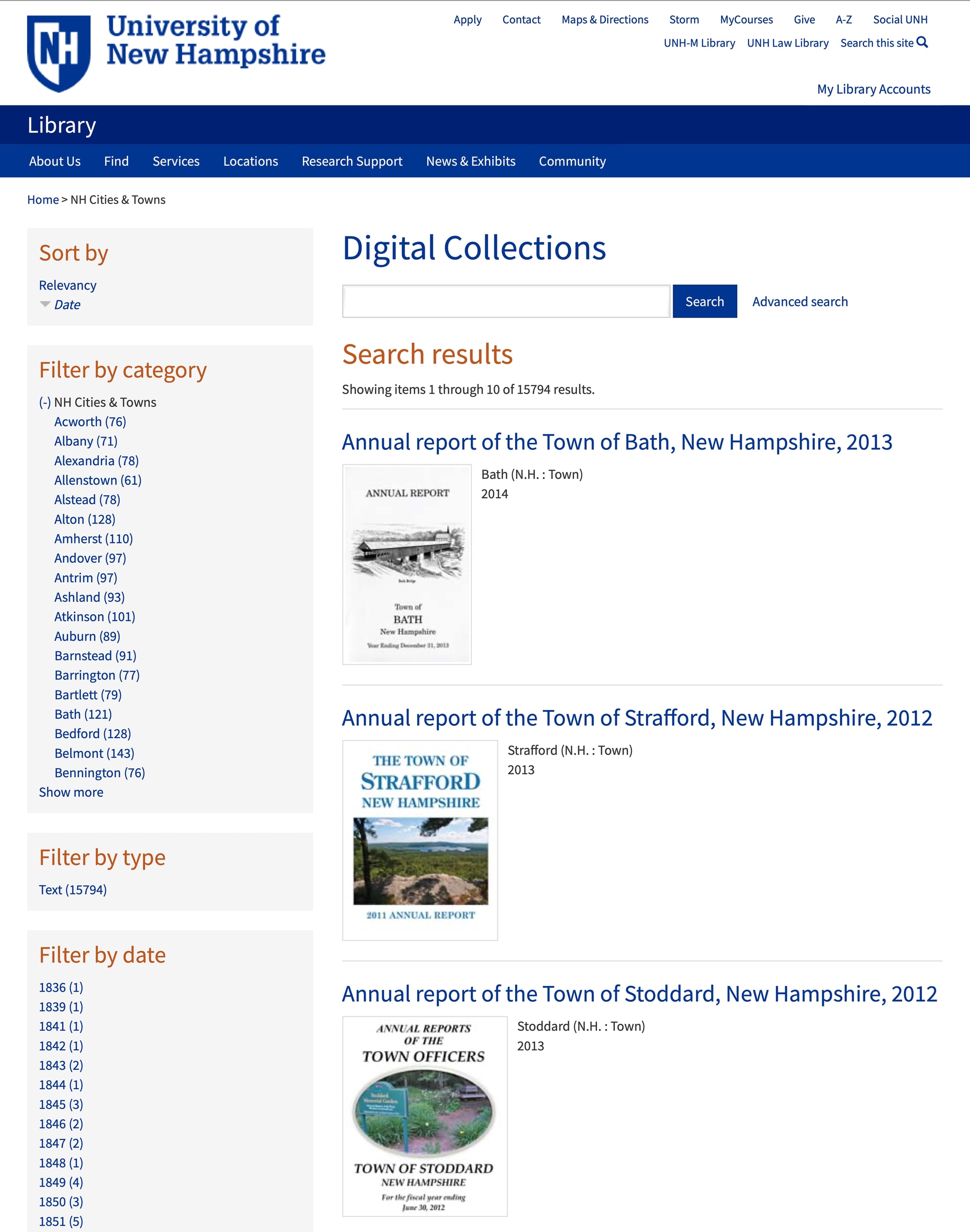 Screenshot of UNH Digital Collections search results for NH Cities & Towns
