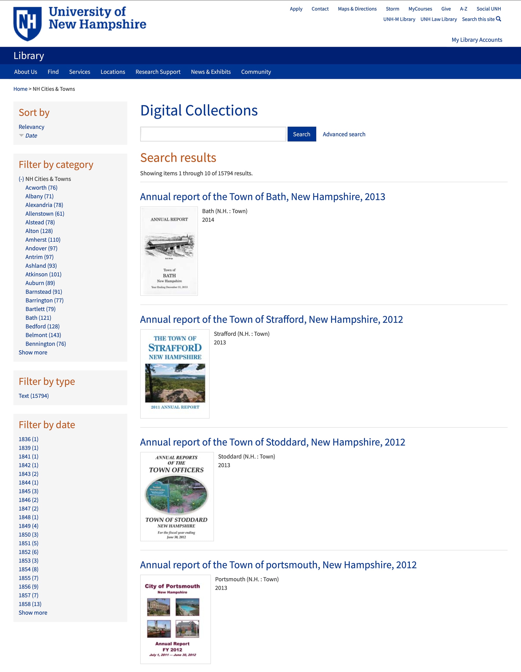 Screenshot of search results page with options to filter by category, type, date, or sort by date