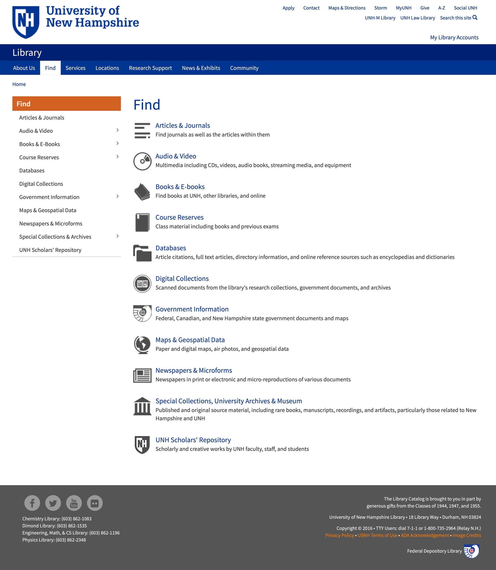 Screenshot of the Find page, containing a set of icons and a variety of collections