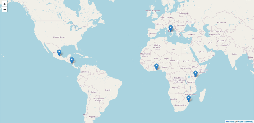 Global map shows six markers in Ghana, Nicaragua, Mozambique, Mexico, Italy, and Kenya
