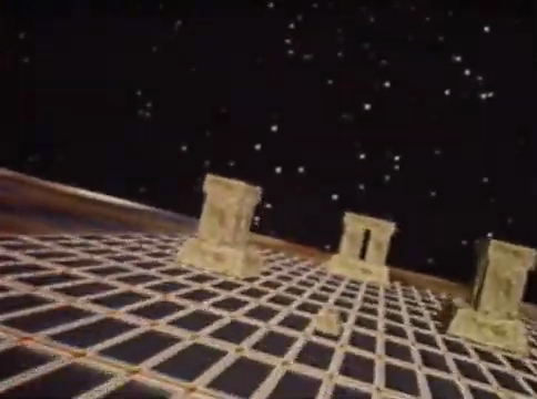 Three large stone structures and a smaller fourth sit upon a digital grid