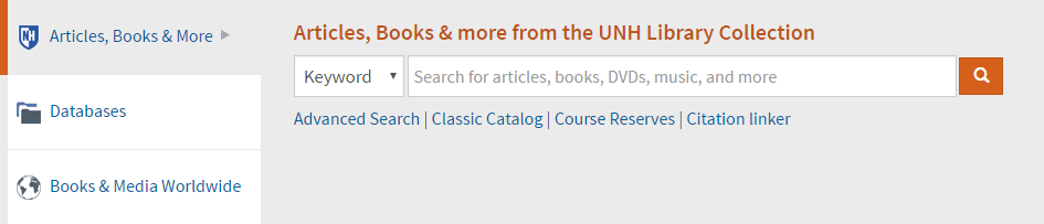 Gray search box with three tabs and drop-down menu