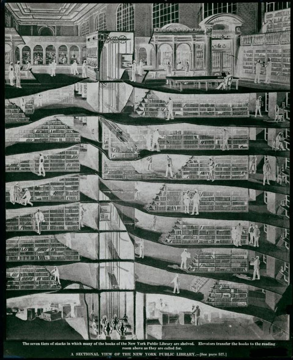 Architectural cross-sectional diagram of stacks at the New York Public Library