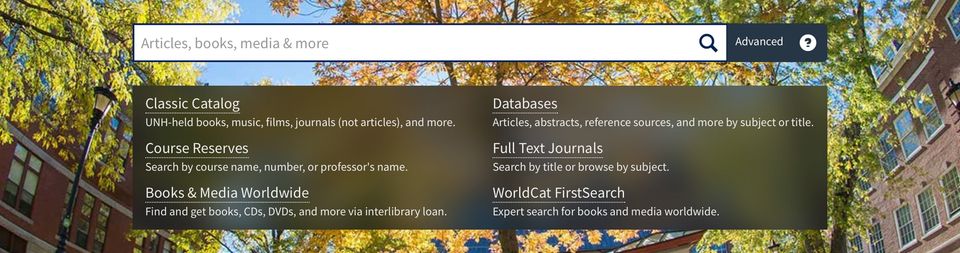 Dark themed search box with an exterior photo background, without tabs or drop-down menu, but with a Help link
