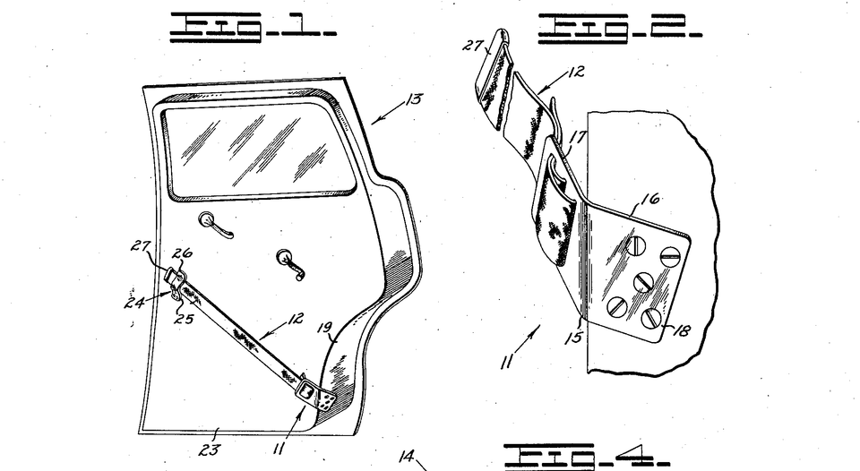 Diagram from the US patent for an automobile seat belt showing how the belt is attached
