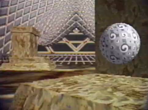Simple stone structures sit upon a digital plane, along side a white sphere with swirl patterns