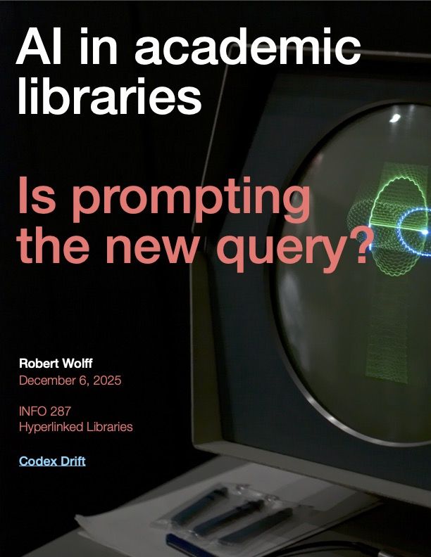 Report titled, AI in academic libraries: Is prompting the new query? Written by Robert Wolff, December 6, 2025 for INFO 287: Hyperlinked Linraries