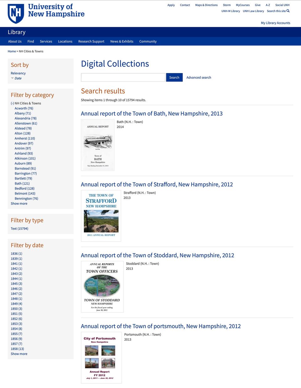 Screenshot of search results page with options to filter by category, type, date, or sort by date