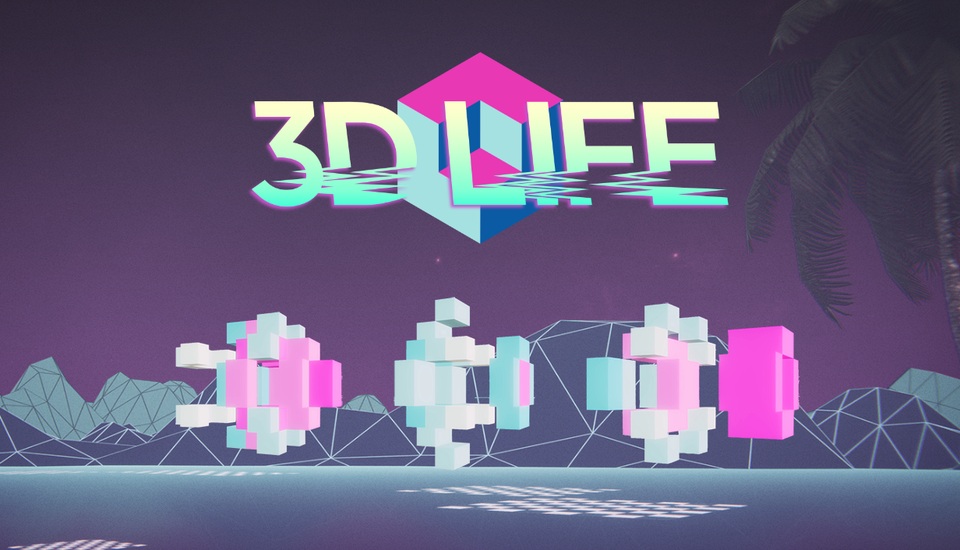 The hexagonal 3D Life logo set against a vaporwave, polygonal landscape with three cubic spaceships