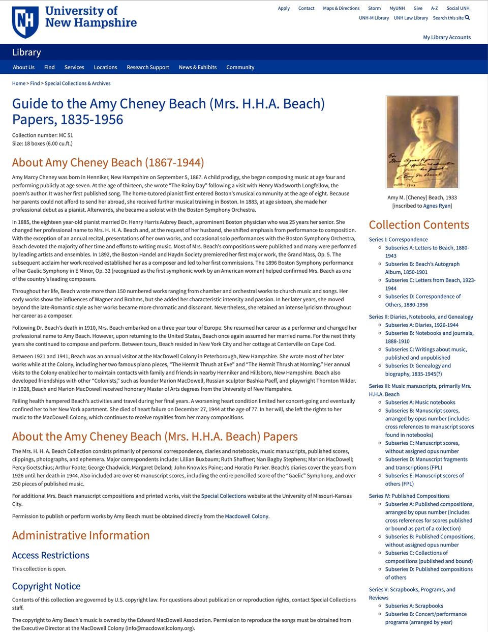 Screenshot of The Guide to Amy Cheney Beach Papers, 1835-1956, containing a photo of Beach and collection contents