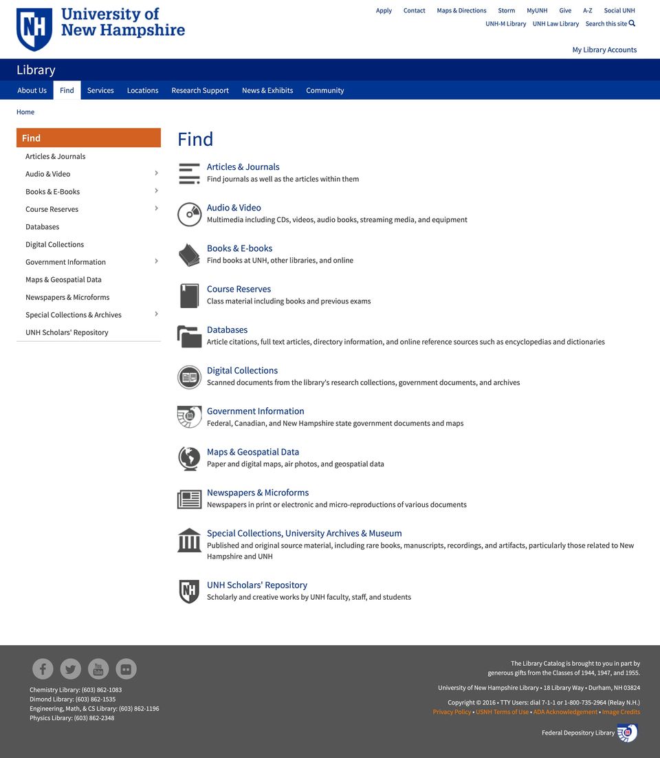 Screenshot of the Find page, containing a set of icons and a variety of collections